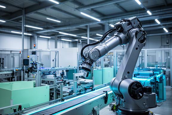 KI-gesteuerter kollaborativer Roboterarm in einer modernen Fertigungshalle in Horn, St. Gallen, montiert an einer Produktionslinie mit blauem Lichtakzent